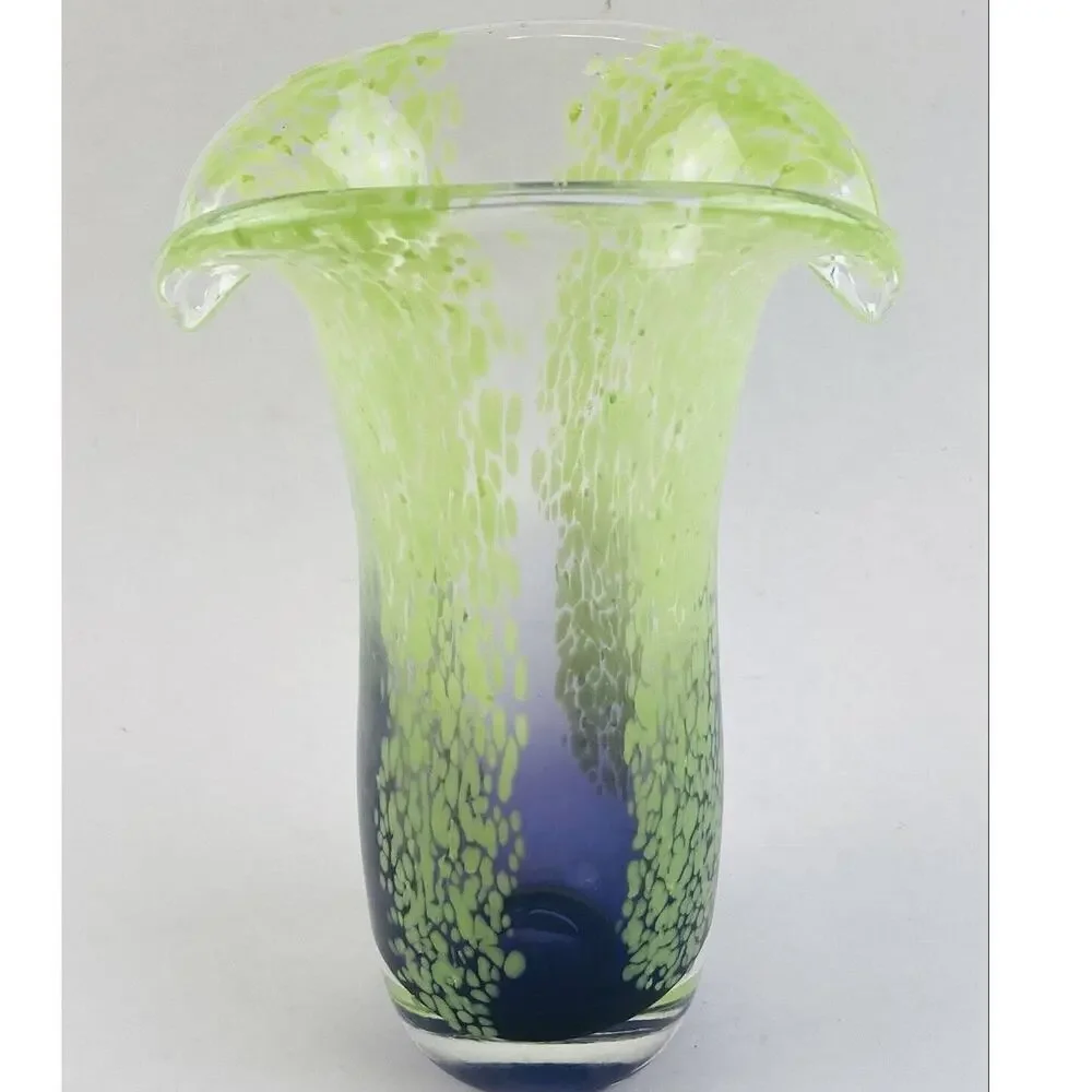 Art Glass Blown Vase 8” Blue Lime Green Splatter Speckle Stripe Wide Mouth Flare